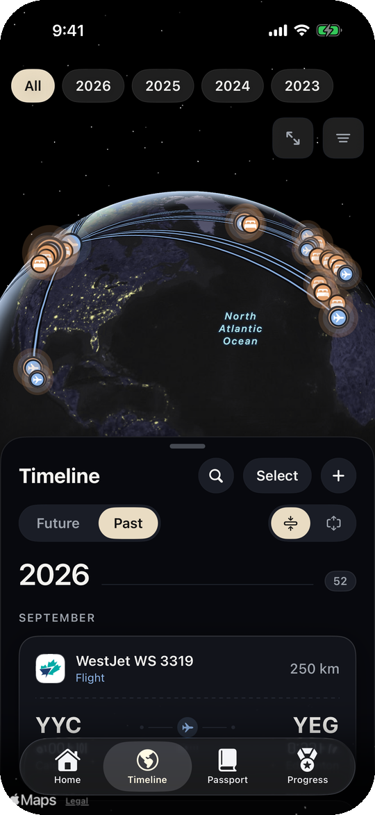 The Timeline tab: a globe with flight arcs over North America, the list of journeys drawn up over it
