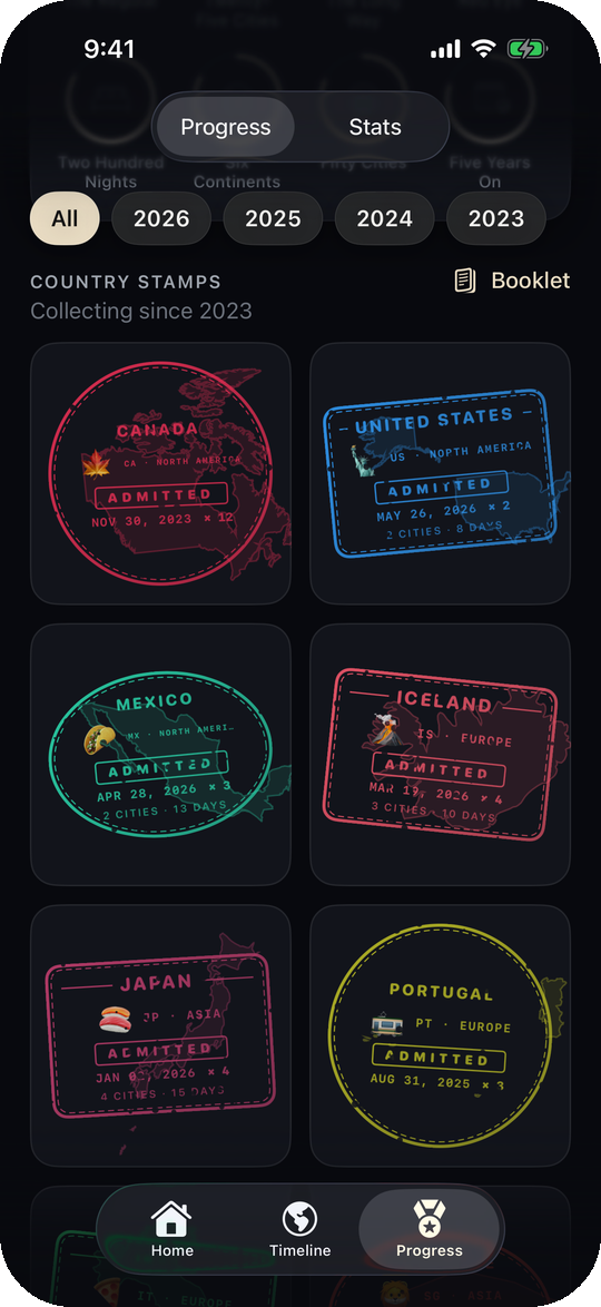 The Progress tab: a grid of country stamps, each in its flag's colour