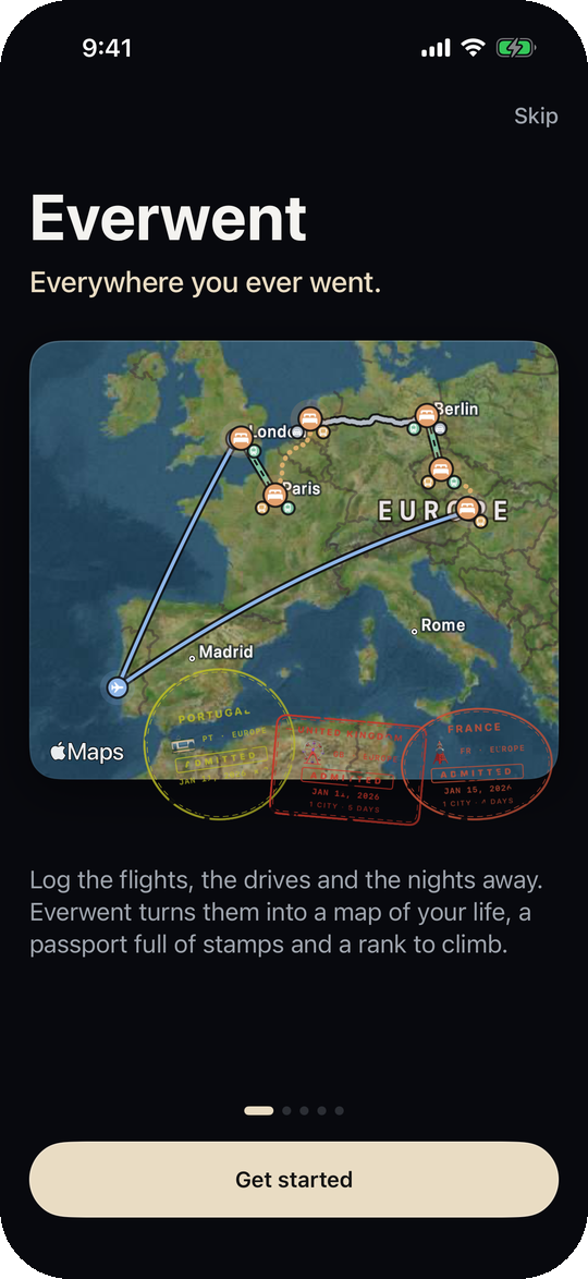 The welcome screen: a trip across Europe on a map with three passport stamps